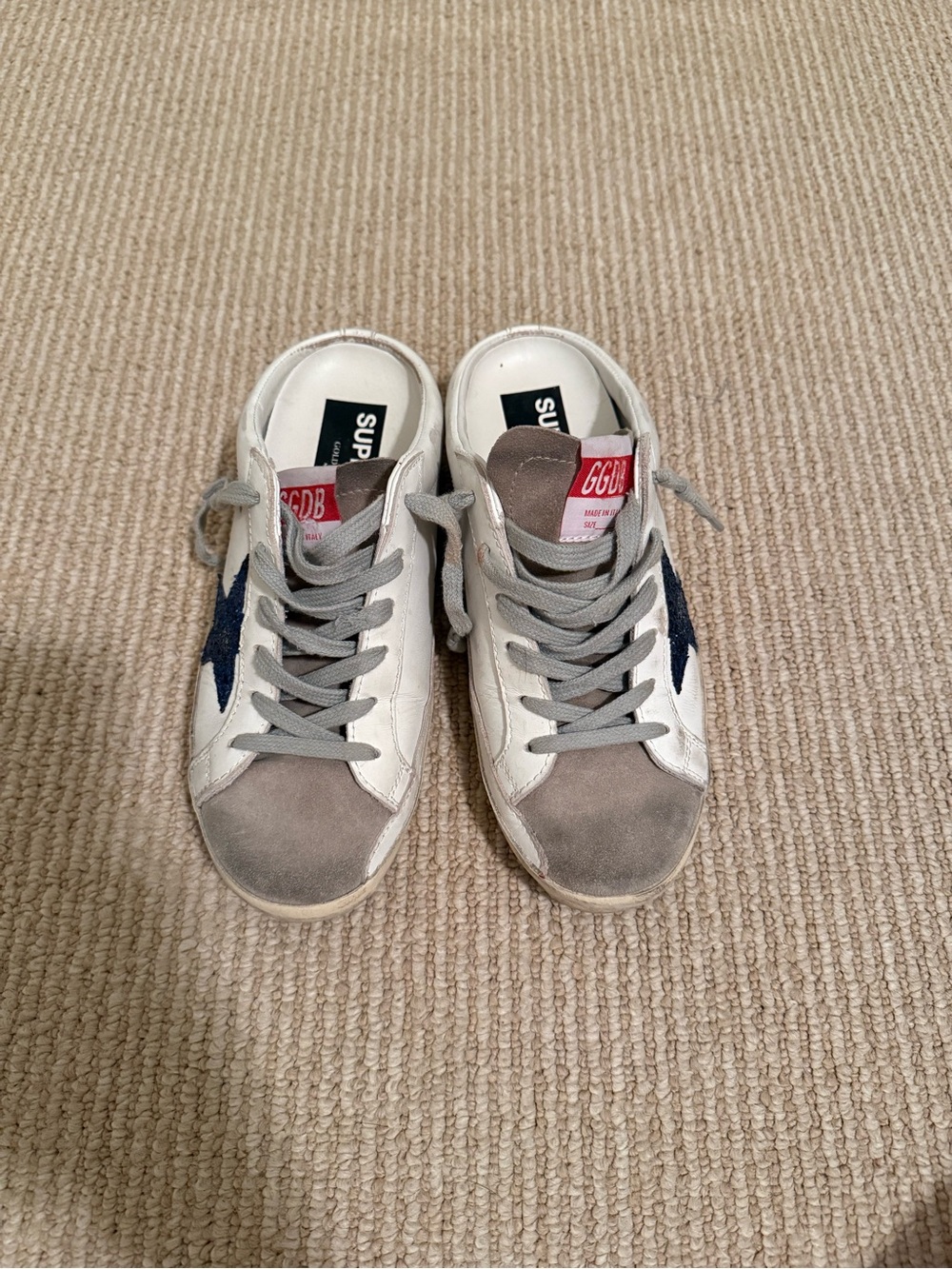 Golden Goose Super Star Slide Sneaker w/ Gray Suede Accents + Navy Insole Logo